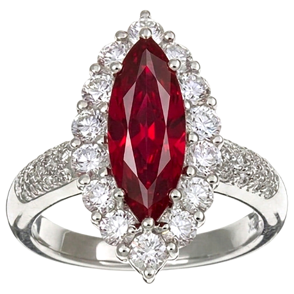 Anello in oro bianco 14 kt con rubini taglio marquise rosso da 10.50 ct con diamanti