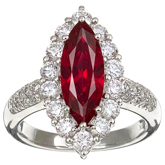 Anello in oro bianco 14 kt con rubini taglio marquise rosso da 10.50 ct con diamanti