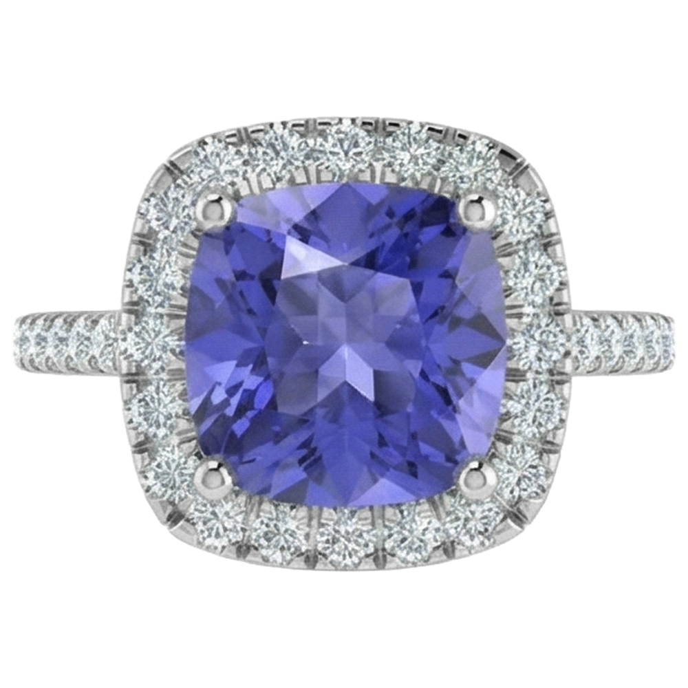 Anello in oro bianco 14 kt con tanzanite blu da 4.50 ct con diamanti