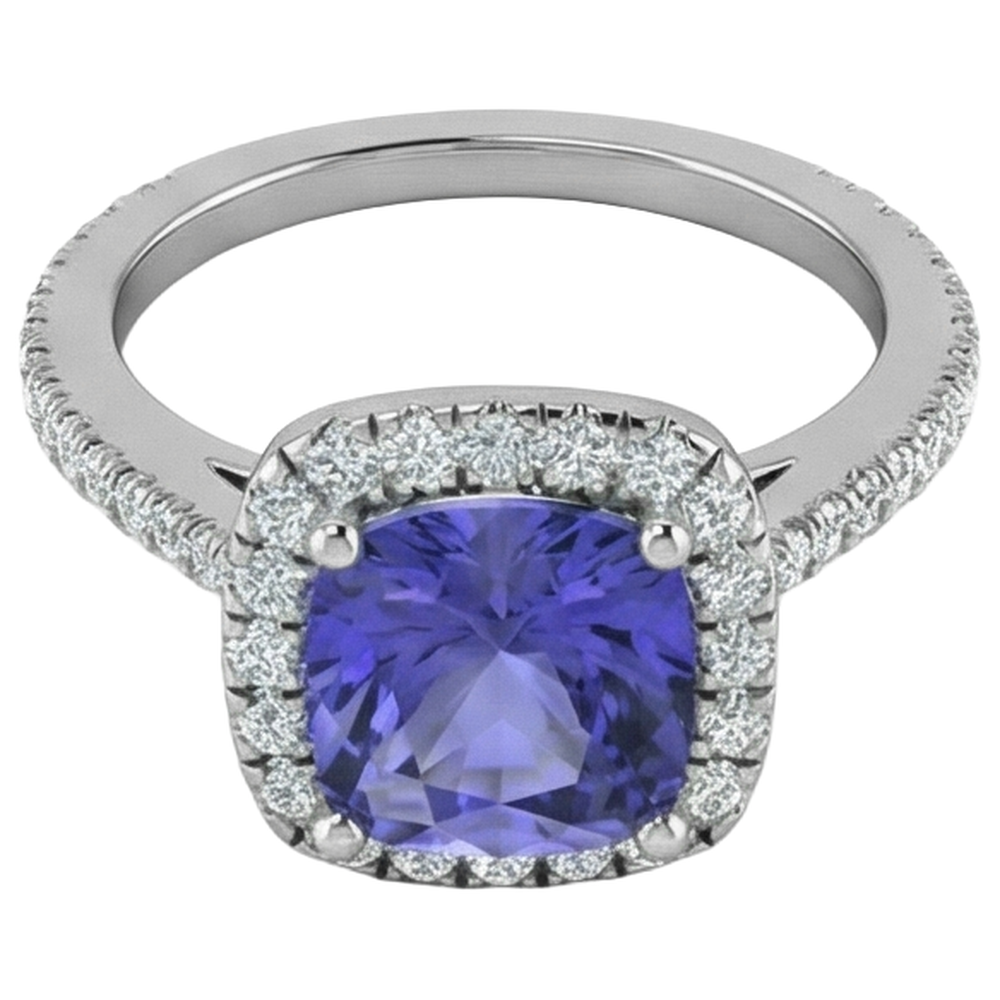 Anello in oro bianco 14 kt con tanzanite blu da 4.50 ct con diamanti