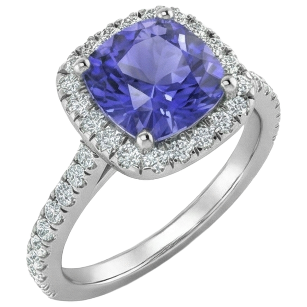 Anello in oro bianco 14 kt con tanzanite blu da 4.50 ct con diamanti