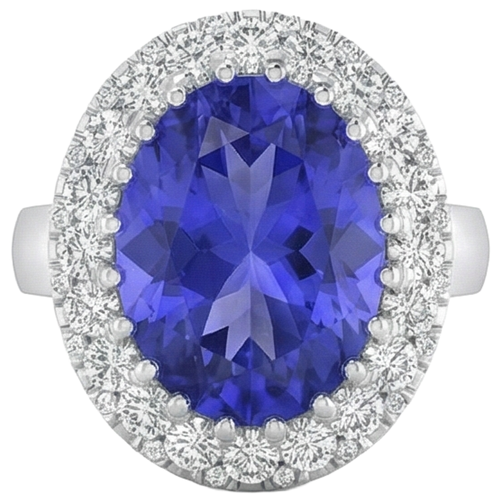 Anello in oro bianco 14 kt con tanzanite grande da 15 ct e piccoli diamanti Novità
