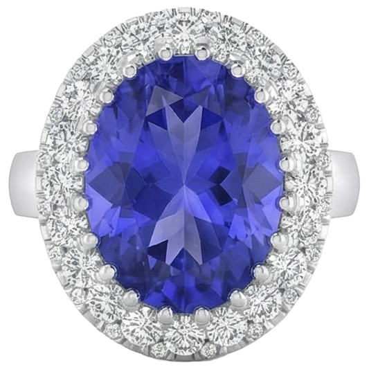 Anello in oro bianco 14 kt con tanzanite grande da 15 ct e piccoli diamanti Novità