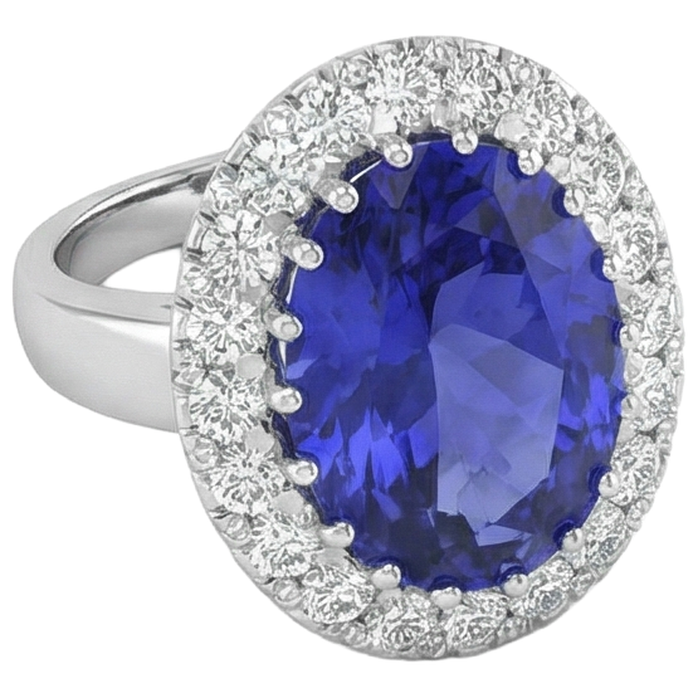Anello in oro bianco 14 kt con tanzanite grande da 15 ct e piccoli diamanti Novità