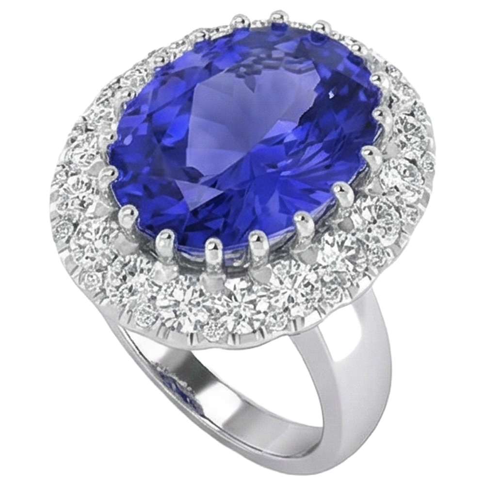 Anello in oro bianco 14 kt con tanzanite grande da 15 ct e piccoli diamanti Novità
