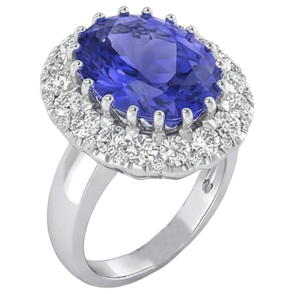 Anello in oro bianco 14 kt con tanzanite grande da 15 ct e piccoli diamanti Novità