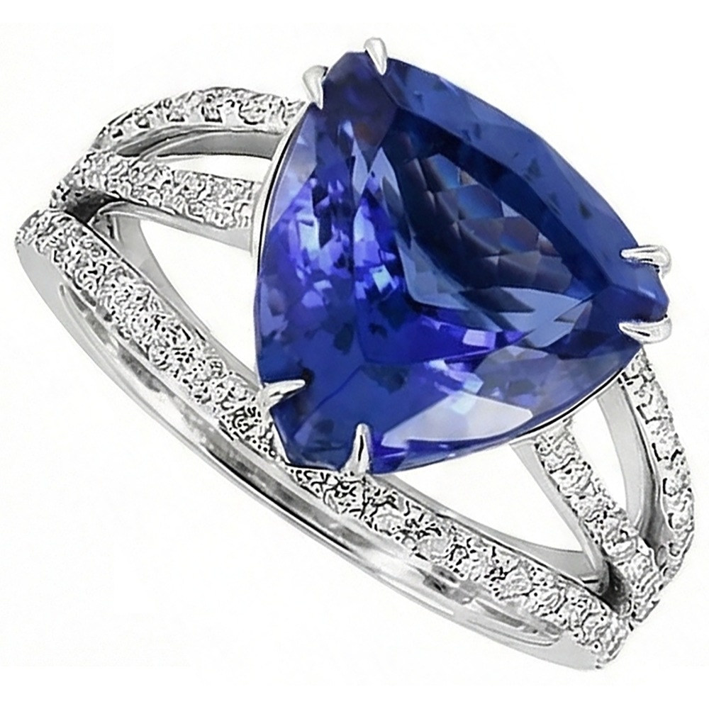 Anello in oro bianco 14K Trilioni di tanzanite e diamanti 6 carati