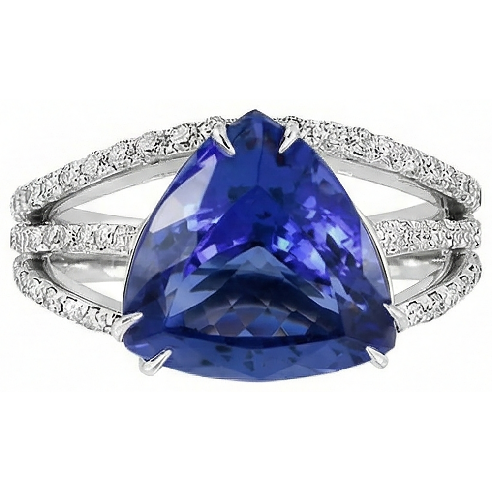 Anello in oro bianco 14K Trilioni di tanzanite e diamanti 6 carati