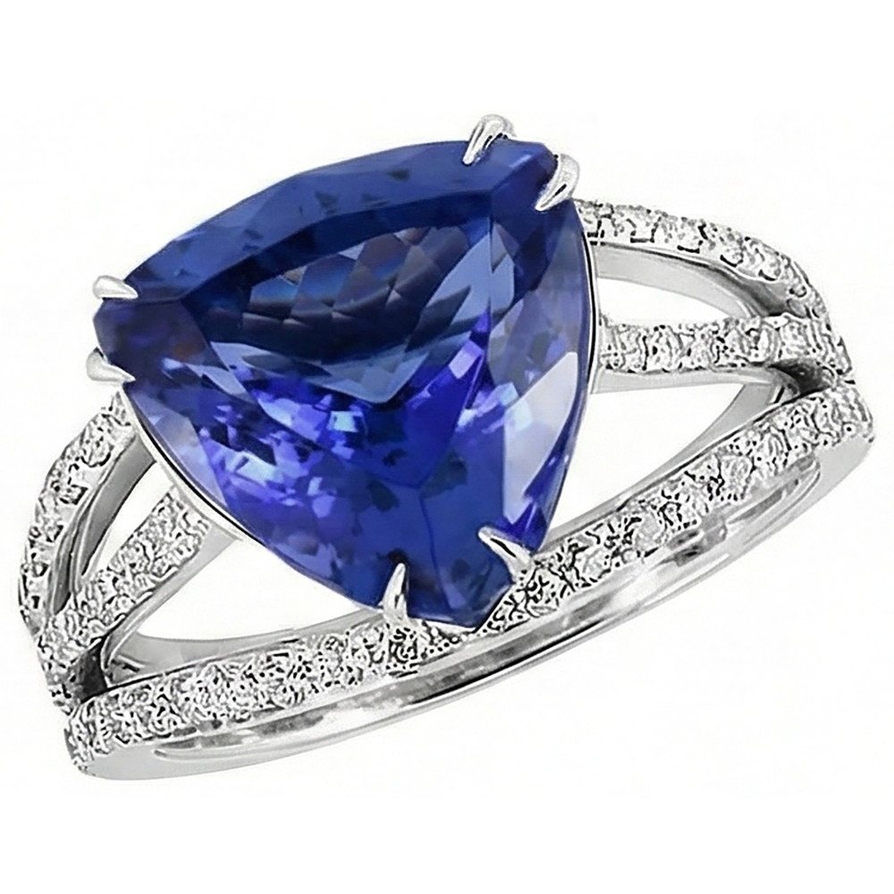 Anello in oro bianco 14K Trilioni di tanzanite e diamanti 6 carati