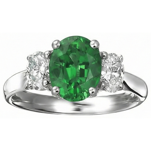 Anello in oro bianco 14K con 3 pietre di Verde smeraldo e diamanti taglio ovale 6.50 carati