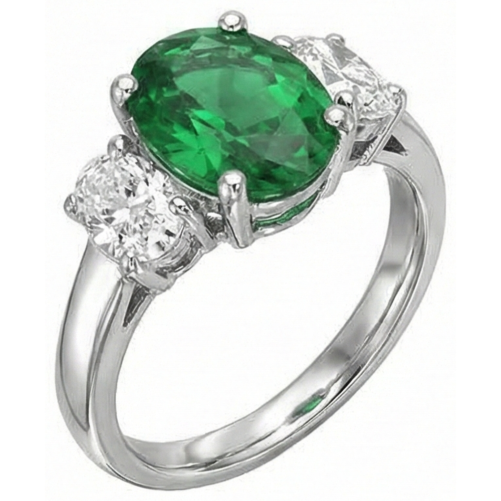 Anello in oro bianco 14K con 3 pietre di Verde smeraldo e diamanti taglio ovale 6.50 carati