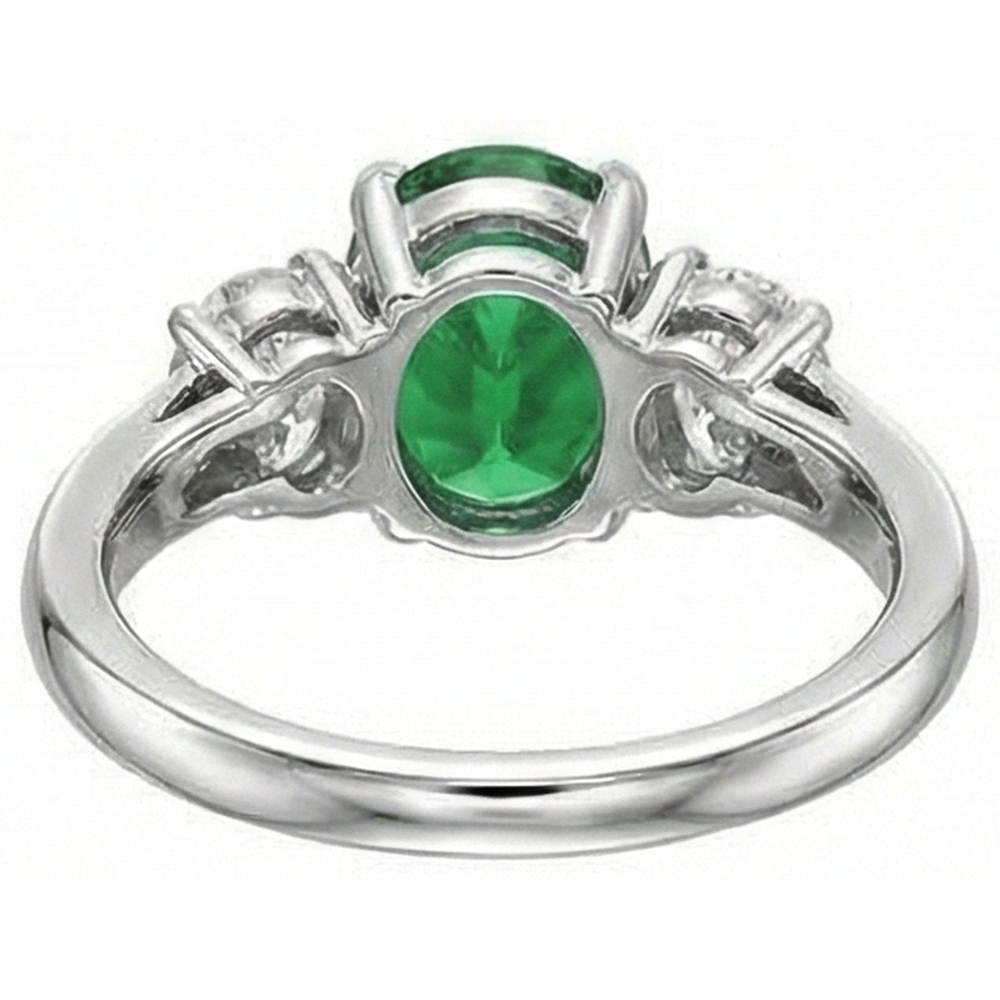 Anello in oro bianco 14K con 3 pietre di Verde smeraldo e diamanti taglio ovale 6.50 carati