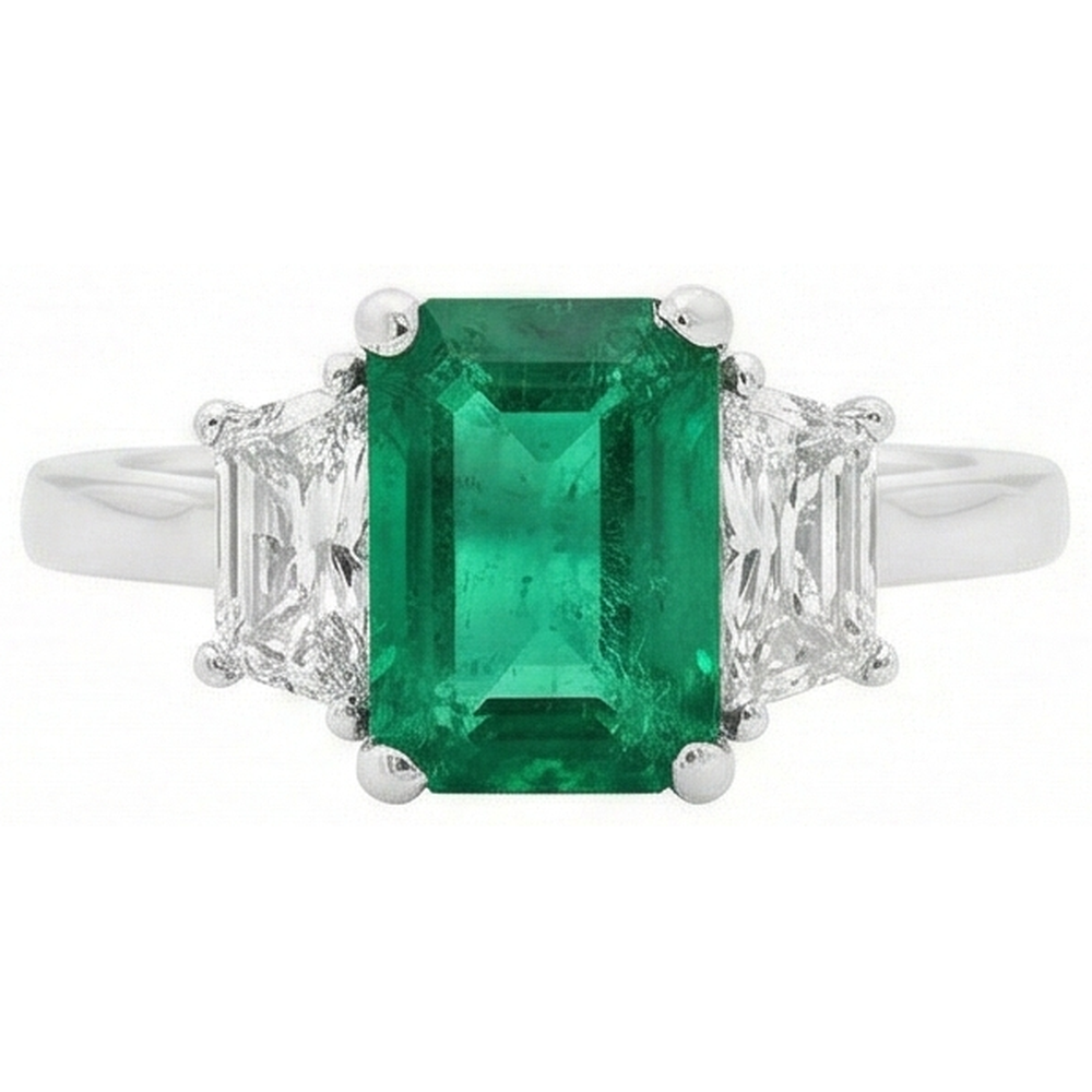 Anello in oro bianco 14K con 3 pietre di smeraldo verde e diamanti da 2.50 carati