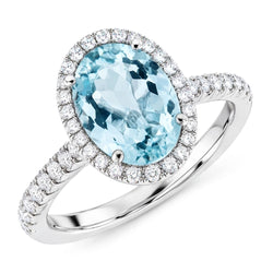 Anello in oro bianco 14K con acquamarina ovale e diamanti rotondi da 11.70 ct