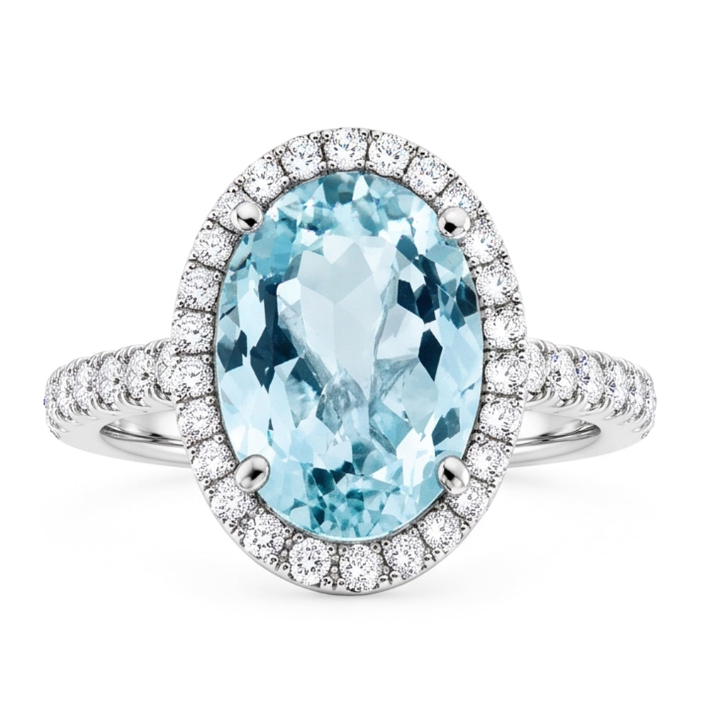 Anello in oro bianco 14K con acquamarina ovale e diamanti rotondi da 11.70 ct