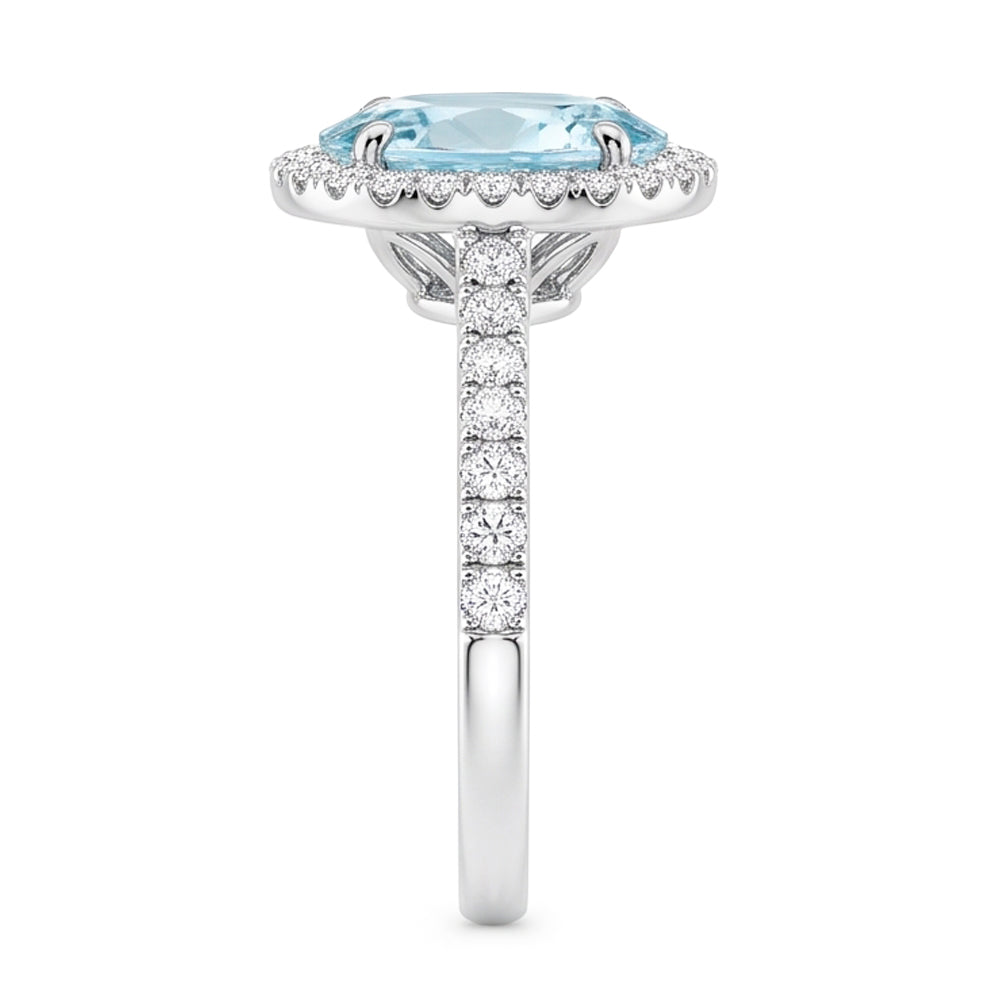 Anello in oro bianco 14K con acquamarina ovale e diamanti rotondi da 11.70 ct