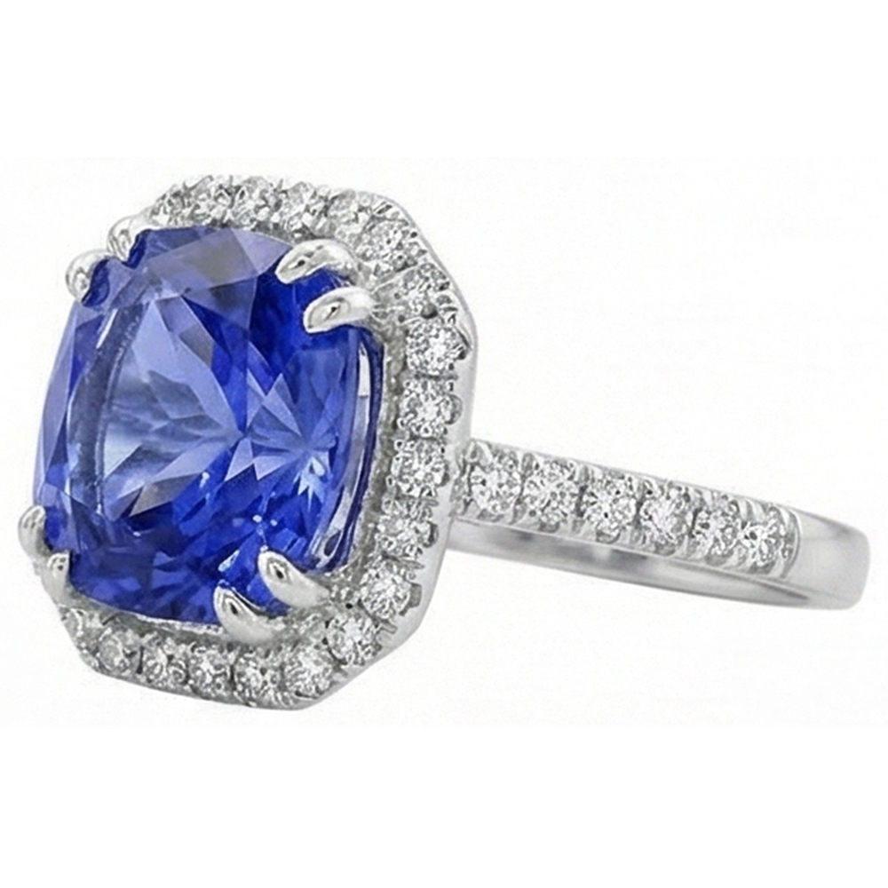 Anello in oro bianco 14K con diamanti 8 carati e zaffiro di Ceylon