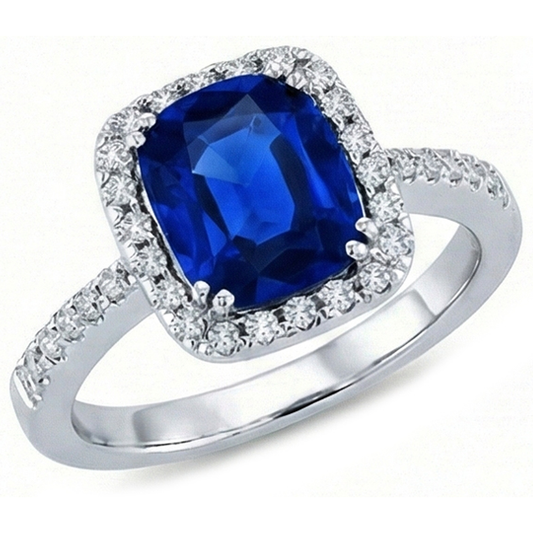 Anello in oro bianco 14K con diamanti Halo e zaffiro blu di Ceylon da 3,50 carati