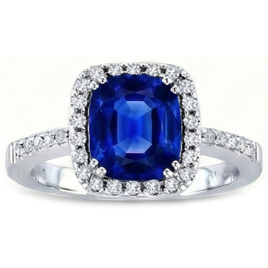 Anello in oro bianco 14K con diamanti Halo e zaffiro blu di Ceylon da 3,50 carati