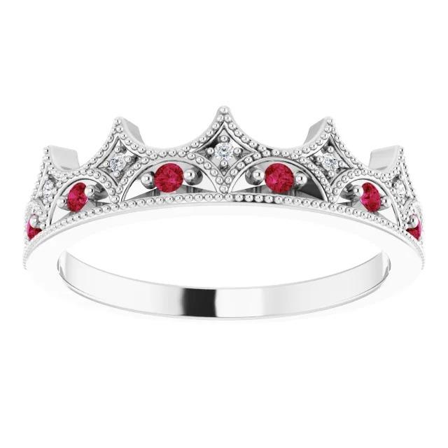 Anello in oro bianco 14 carati con diamanti e rubini a forma di corona. 1.40 carati - harrychadent.it