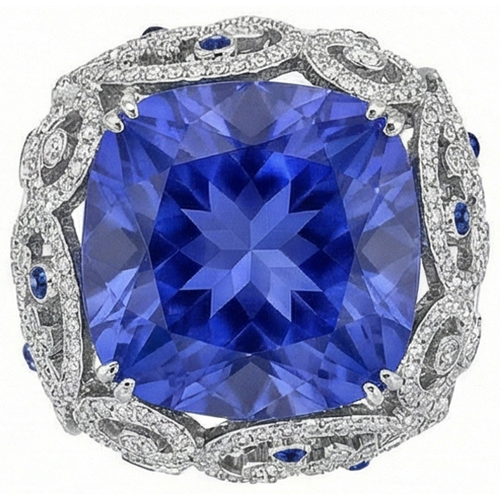 Anello in oro bianco 14K con diamanti, zaffiro dello Sri Lanka, 8,50 ct