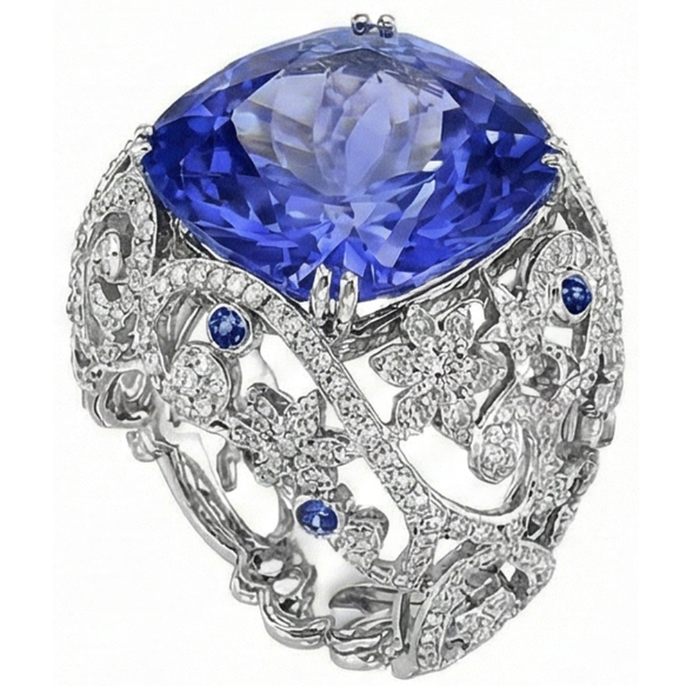 Anello in oro bianco 14K con diamanti, zaffiro dello Sri Lanka, 8,50 ct