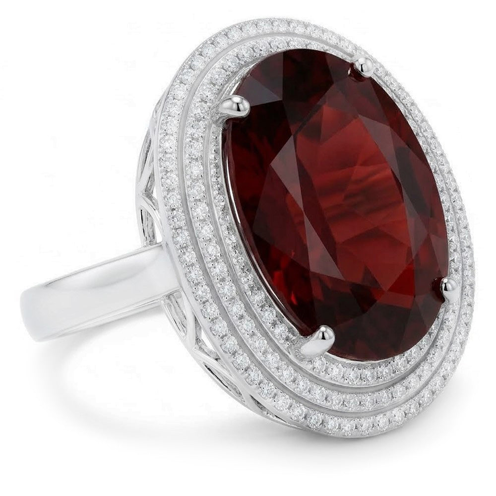 Anello in oro bianco 14K con granato mandarino ovale da 12.50 ct con diamanti