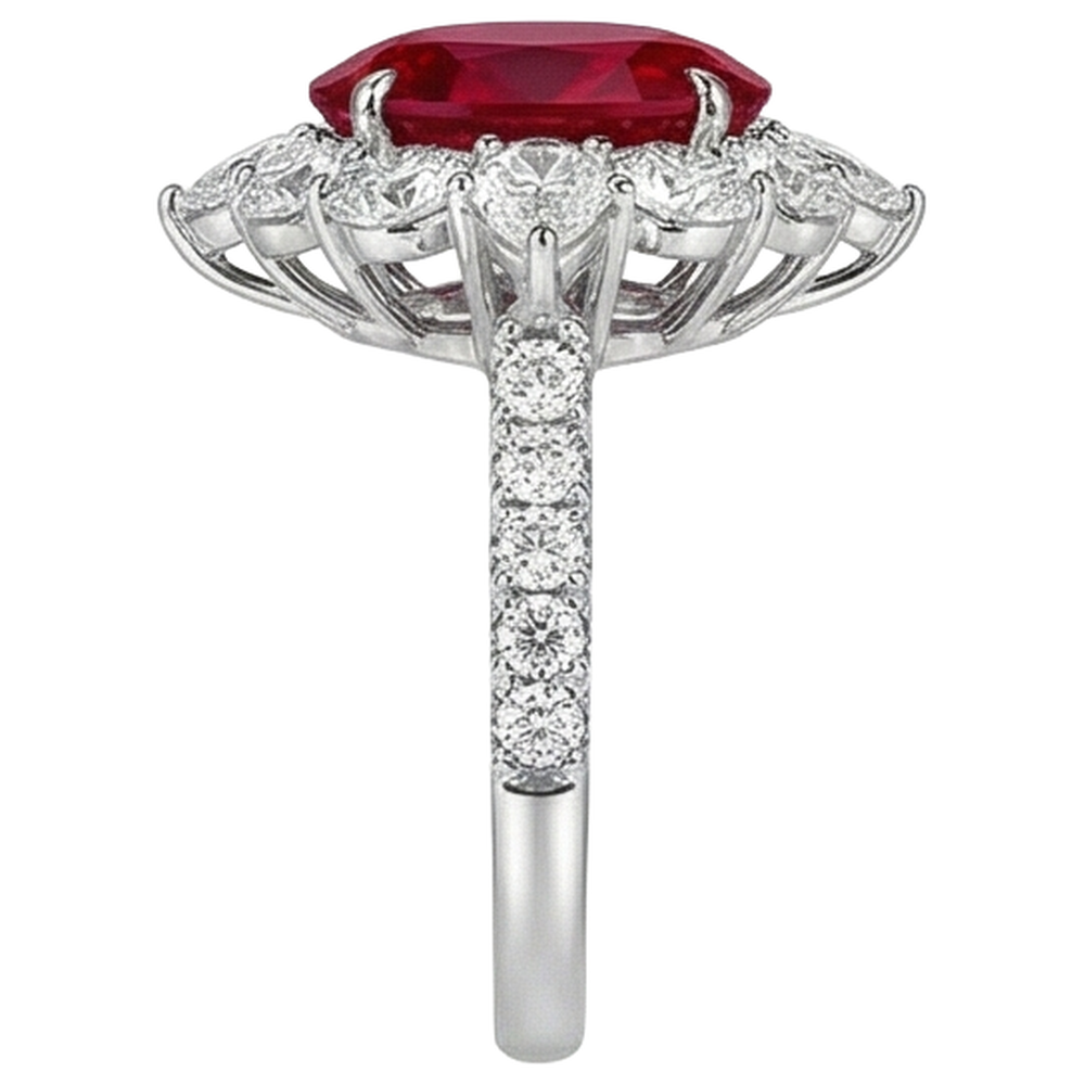 Anello in oro bianco 14K con rubino ovale da 4.50 ct con diamanti rotondi