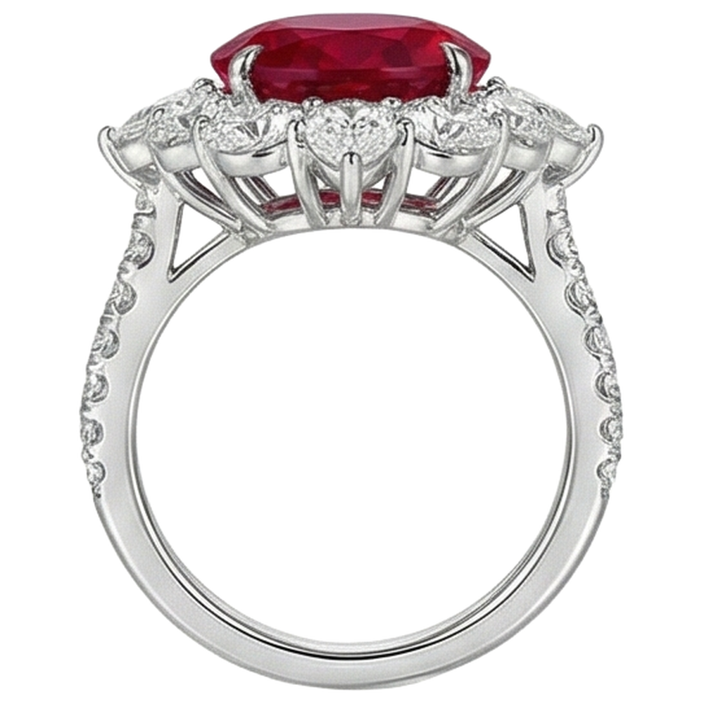 Anello in oro bianco 14K con rubino ovale da 4.50 ct con diamanti rotondi