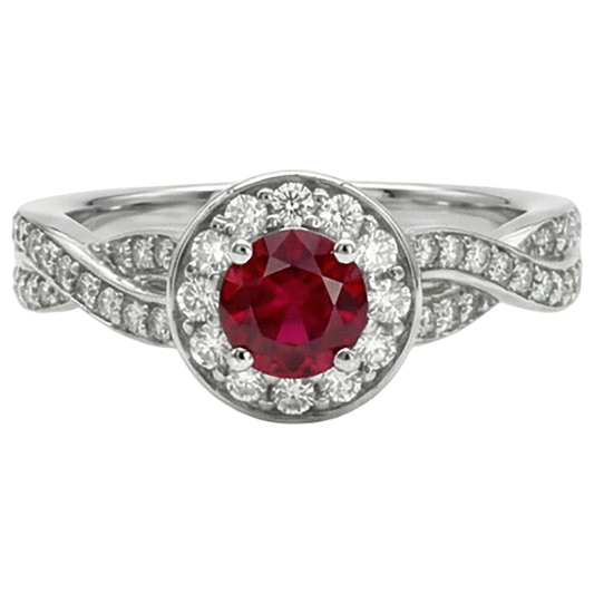 Anello in oro bianco 14K con rubino rotondo rosso Halo da 1.85 carati