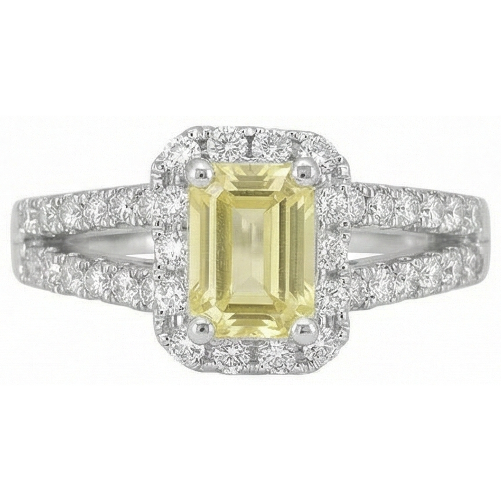 Anello in oro bianco 14K con smeraldo e zaffiro giallo a taglio rotondo da 4 ct