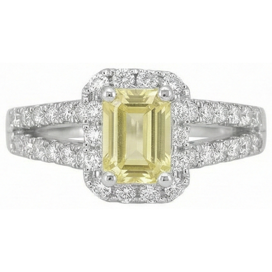 Anello in oro bianco 14K con smeraldo e zaffiro giallo a taglio rotondo da 4 ct