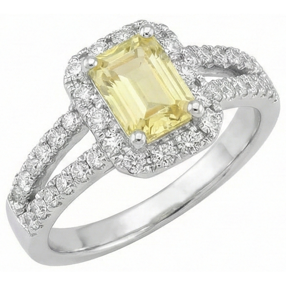 Anello in oro bianco 14K con smeraldo e zaffiro giallo a taglio rotondo da 4 ct