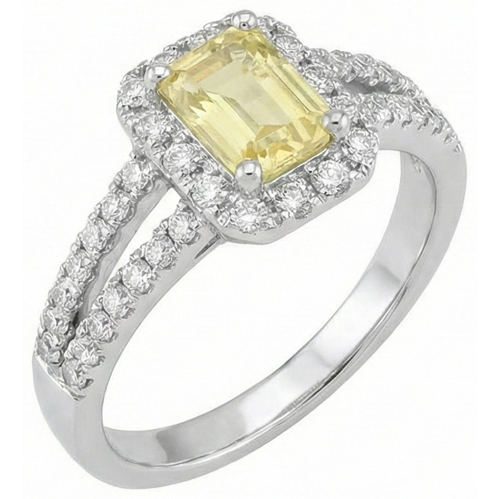 Anello in oro bianco 14K con smeraldo e zaffiro giallo a taglio rotondo da 4 ct