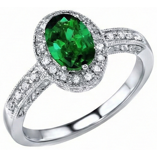 Anello in oro bianco 14K con smeraldo verde a taglio ovale da 3 ct con diamante