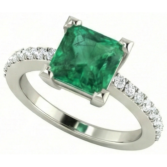 Anello in oro bianco 14K con smeraldo verde da 3,65 ct con diamanti