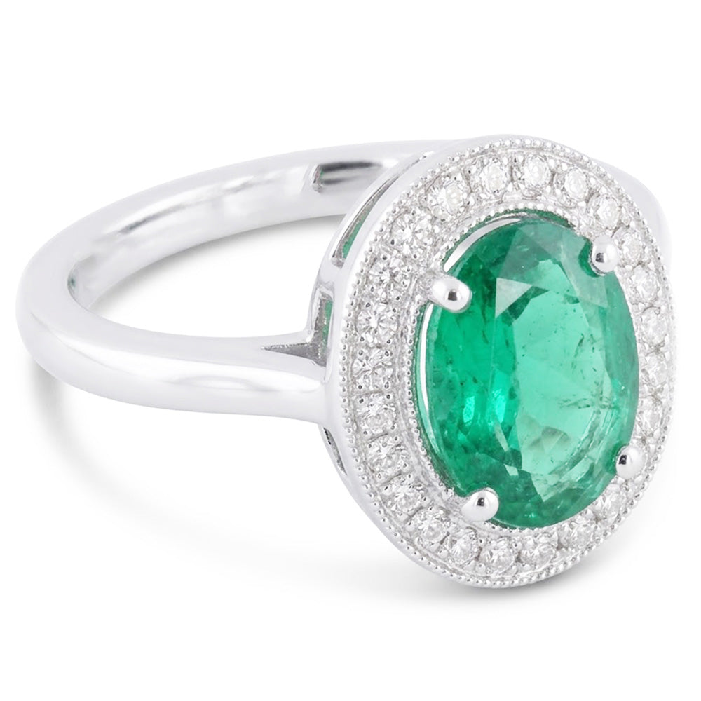 Anello in oro bianco 14K con smeraldo verde e diamanti da 3,25 carati