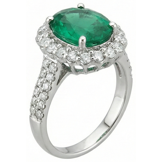 Anello in oro bianco 14K con smeraldo verde ovale da 3,25 ct con alone e diamante