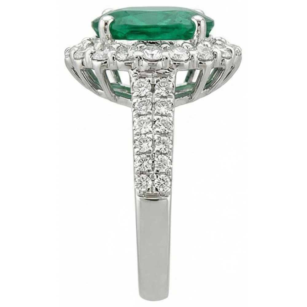 Anello in oro bianco 14K con smeraldo verde ovale da 3,25 ct con alone e diamante