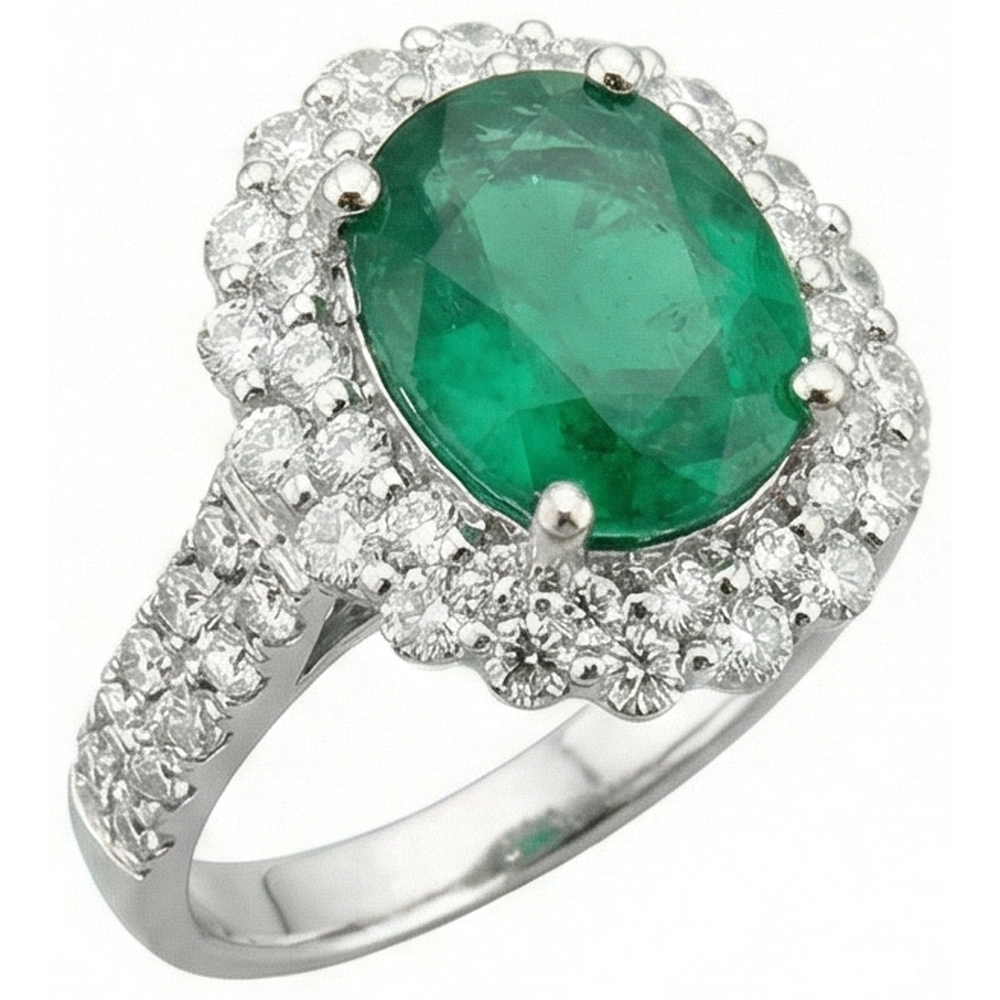 Anello in oro bianco 14K con smeraldo verde ovale da 3,25 ct con alone e diamante