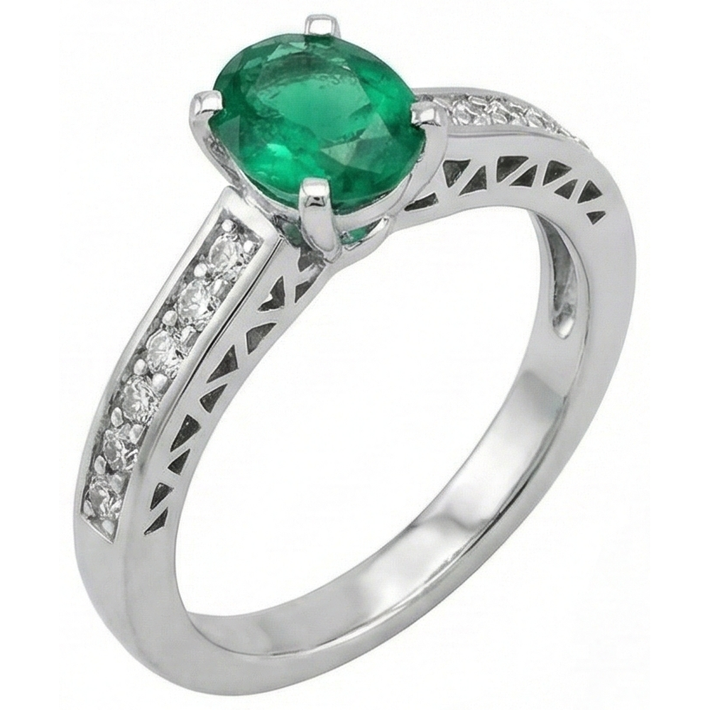 Anello in oro bianco 14K con smeraldo verde ovale e diamanti da 3,60 ct