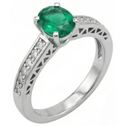 Anello in oro bianco 14K con smeraldo verde ovale e diamanti da 3,60 ct