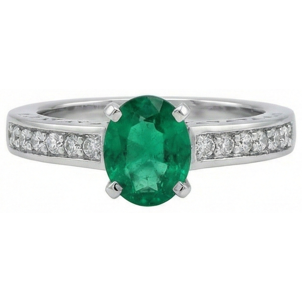 Anello in oro bianco 14K con smeraldo verde ovale e diamanti da 3,60 ct