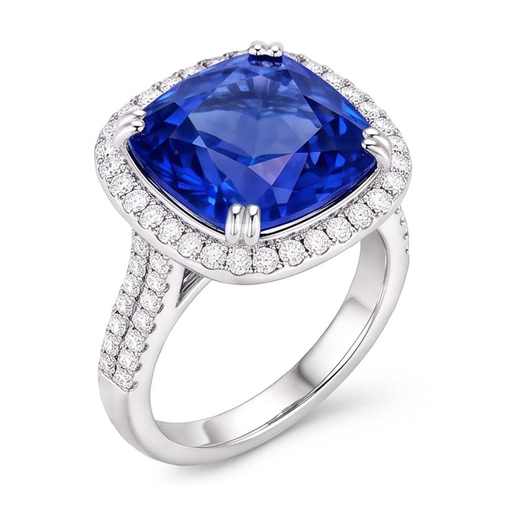 Anello in oro bianco 14K con tanzanite a cuscino grande da 5,70 ct e diamante rotondo