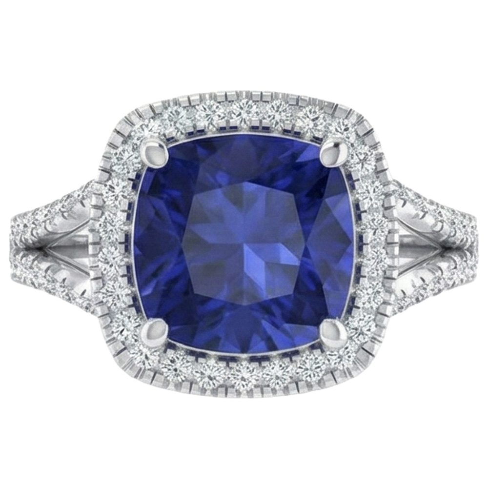 Anello in oro bianco 14K con tanzanite a cuscino grande da 5,70 ct e diamante rotondo