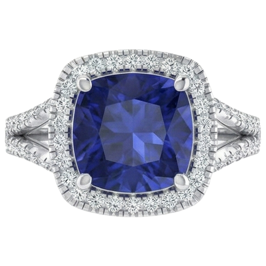 Anello in oro bianco 14K con tanzanite a cuscino grande da 5,70 ct e diamante rotondo