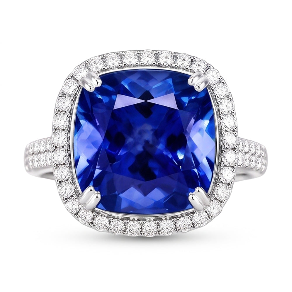 Anello in oro bianco 14K con tanzanite a cuscino grande da 5,70 ct e diamante rotondo