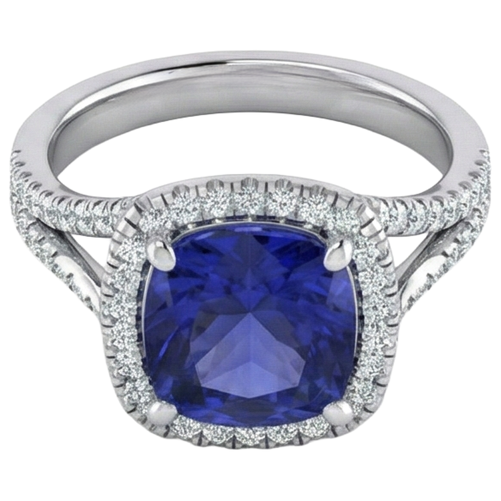 Anello in oro bianco 14K con tanzanite a cuscino grande da 5,70 ct e diamante rotondo