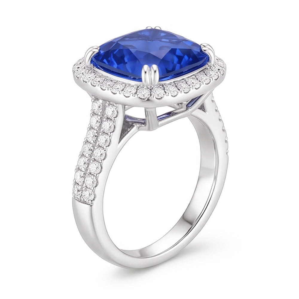 Anello in oro bianco 14K con tanzanite a cuscino grande da 5,70 ct e diamante rotondo