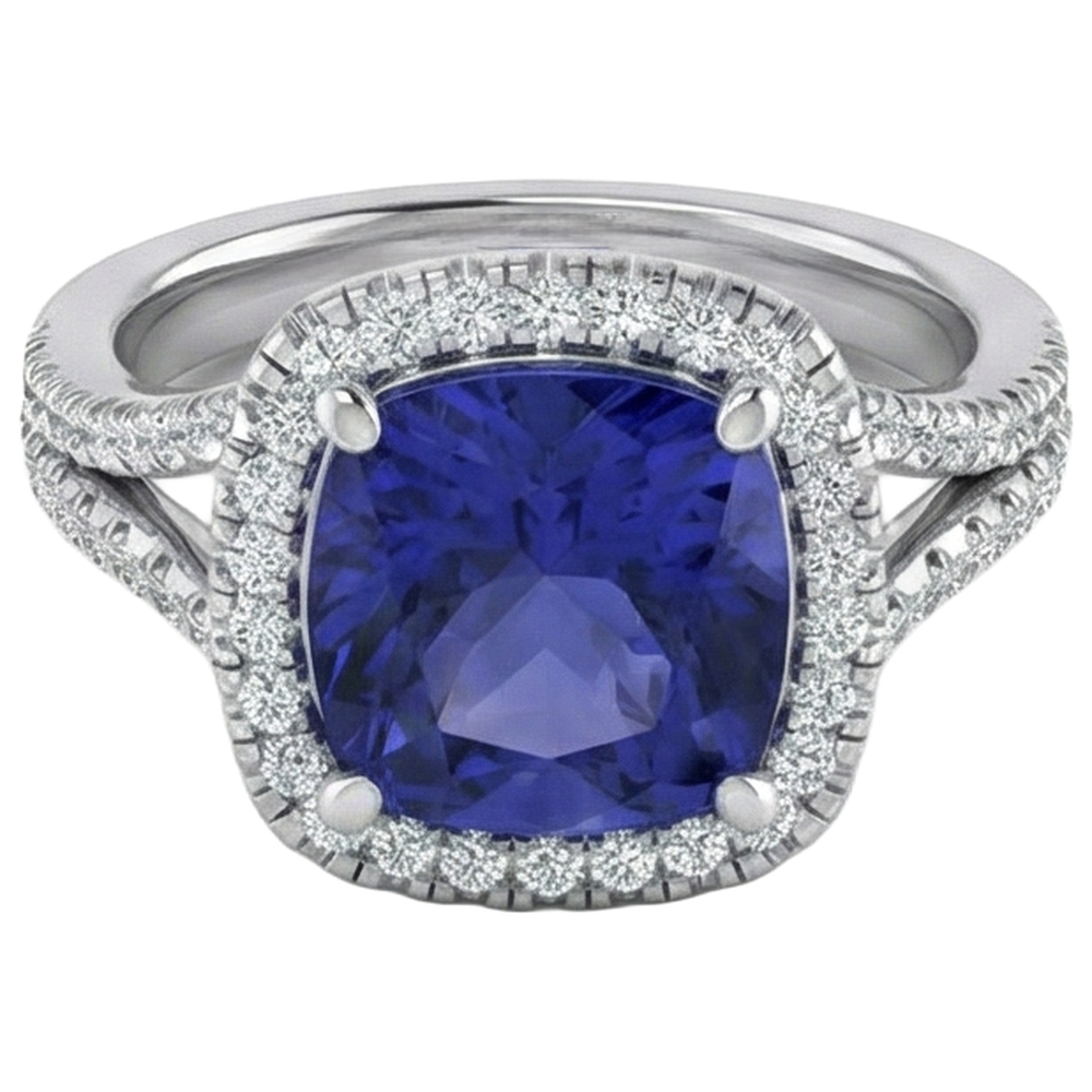 Anello in oro bianco 14K con tanzanite a cuscino grande da 5,70 ct e diamante rotondo